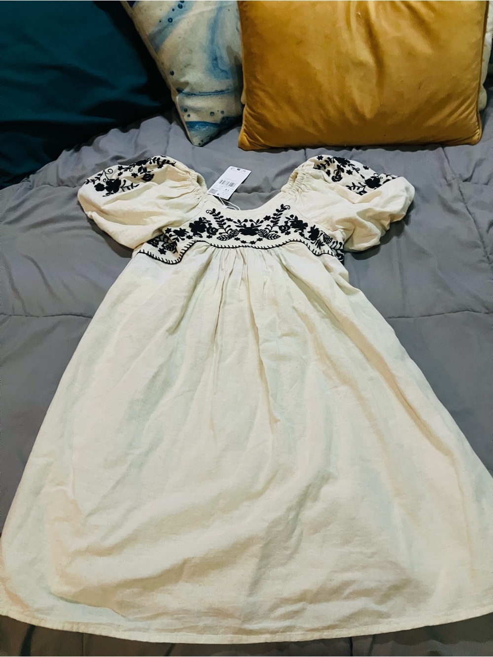 Mango Cream Dress with Black Floral Embroidery
